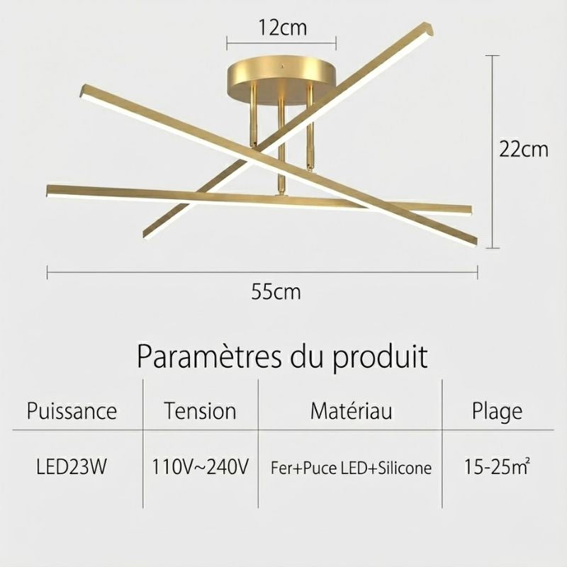 Plafonnier LED Design – 3 Barres Modernes (Noir ou Or)