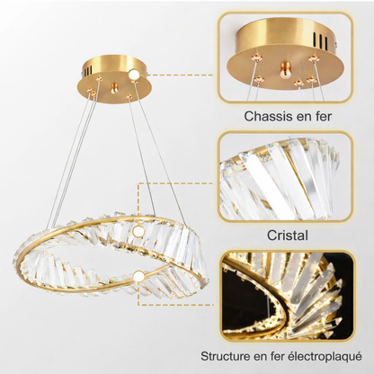 Lustre LED anneau cristal doré