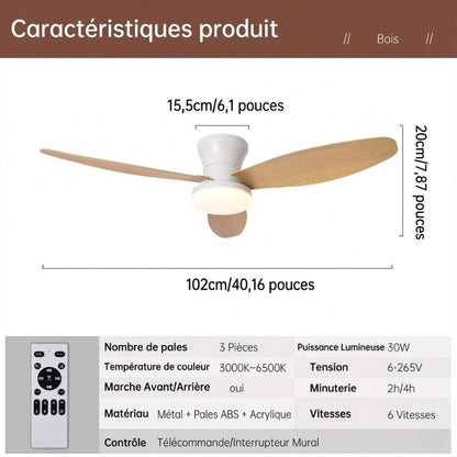 Ventilateur de plafond LED 3 pales avec lumière et télécommande – 102 cm