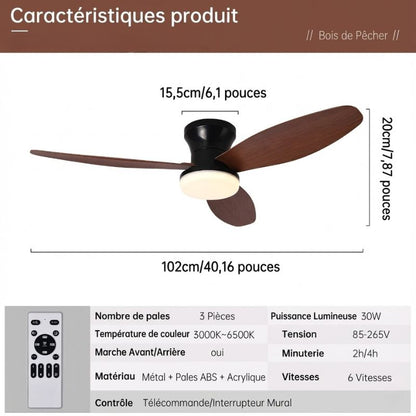 Ventilateur de plafond LED 3 pales avec lumière et télécommande – 102 cm