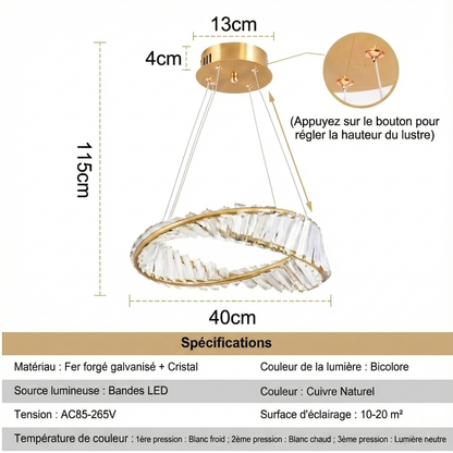 Lustre LED anneau cristal doré