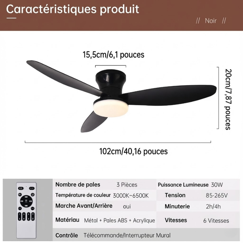 Ventilateur de plafond LED 3 pales avec lumière et télécommande – 102 cm