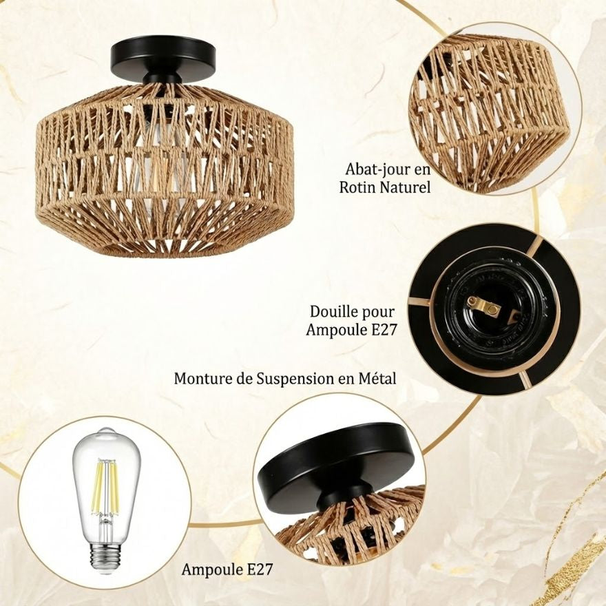 Plafonnier en bambou tressé – abat-jour cylindrique