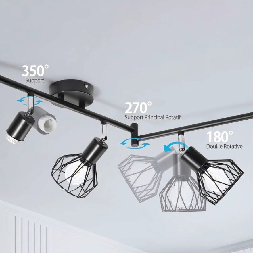 Plafonnier industriel noir – barre 6 lumières cage métal