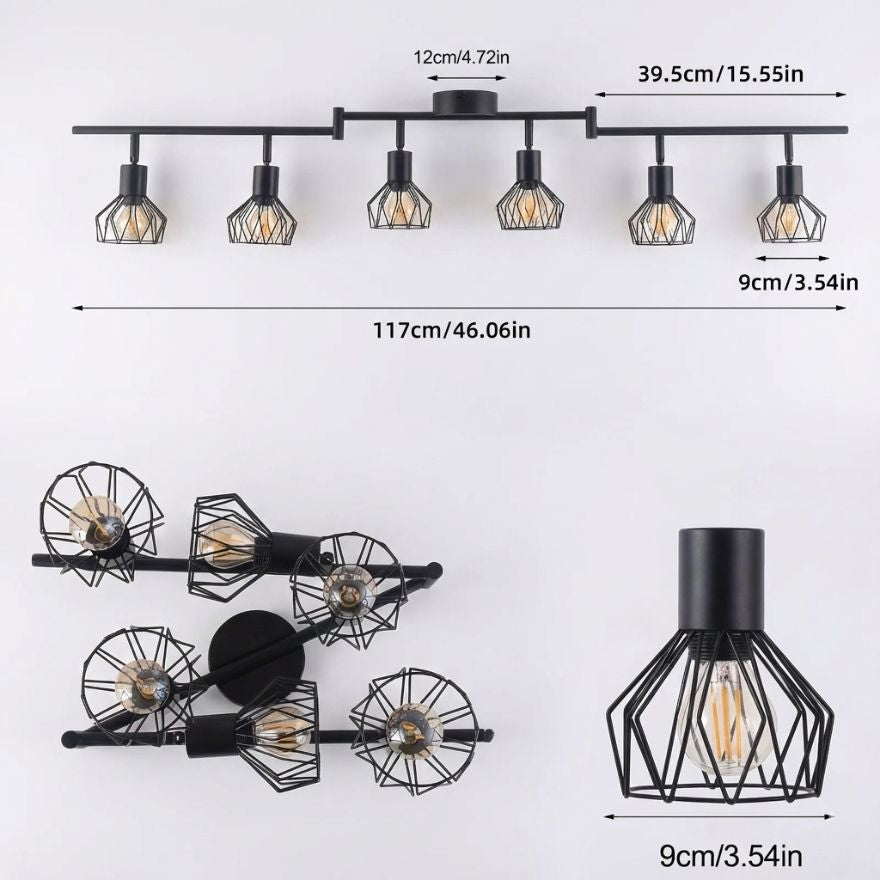 Plafonnier industriel noir – barre 6 lumières cage métal