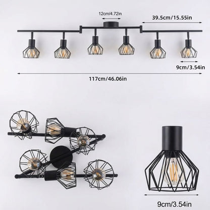 Plafonnier industriel noir – barre 6 lumières cage métal