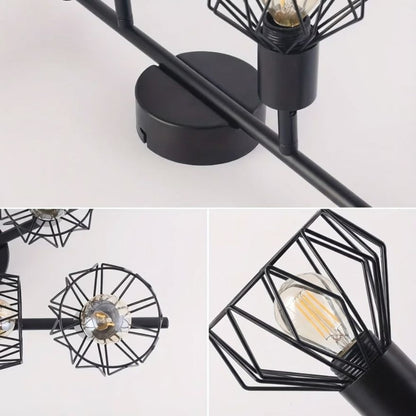 Plafonnier industriel noir – barre 6 lumières cage métal