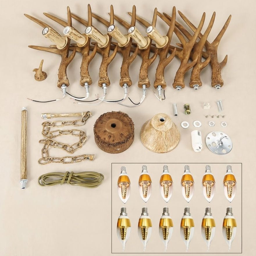 Lustre corne de cerf marron en résine – 6 ampoules