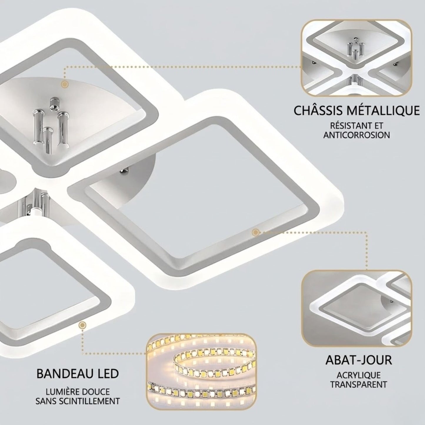 Plafonnier LED carré moderne blanc – 4, 6, 8 ou 10 cadres lumineux