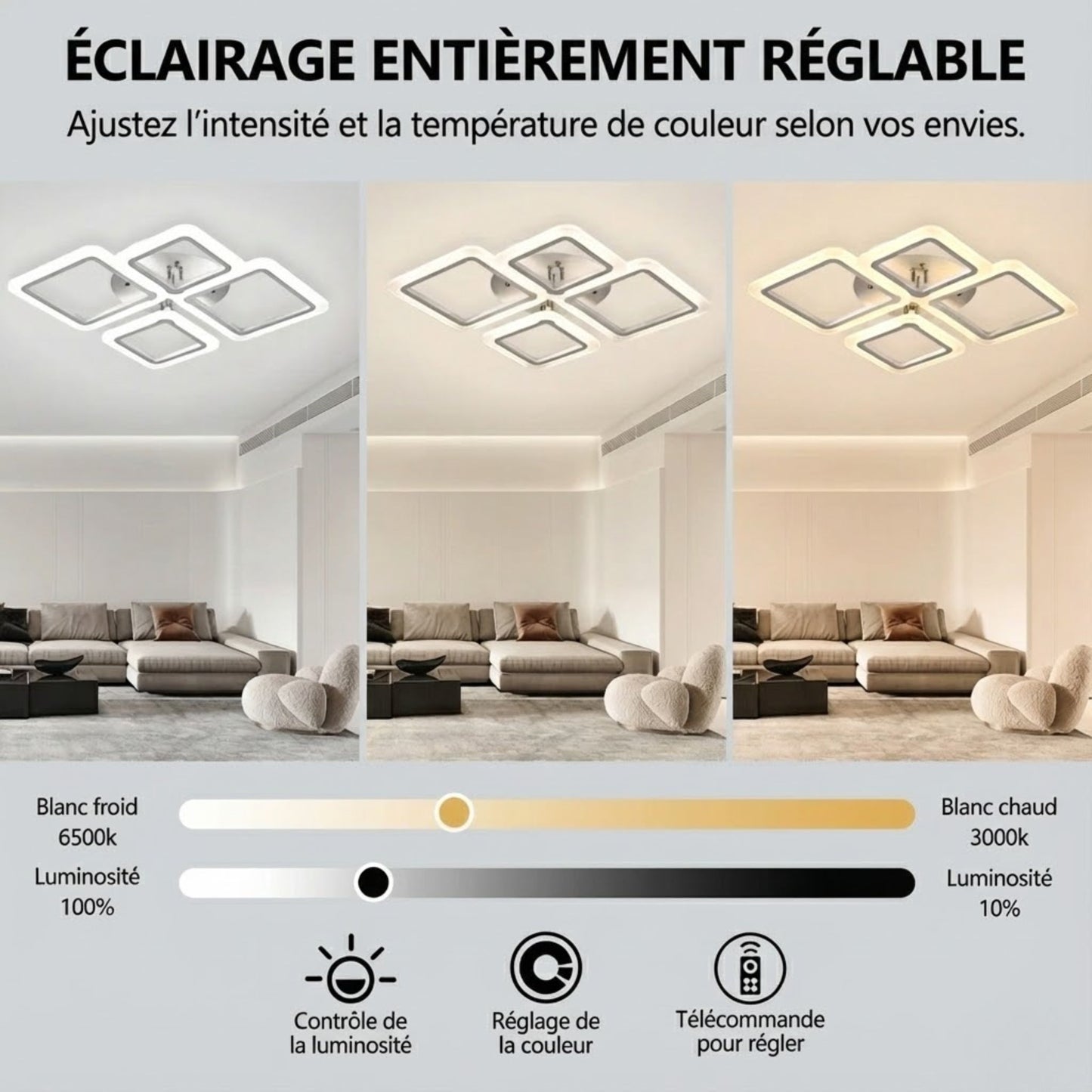 Plafonnier LED carré moderne blanc – 4, 6, 8 ou 10 cadres lumineux