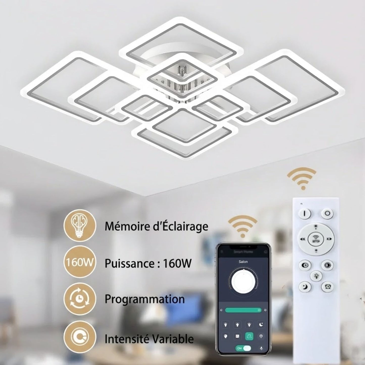 Plafonnier LED carré moderne blanc – 4, 6, 8 ou 10 cadres lumineux