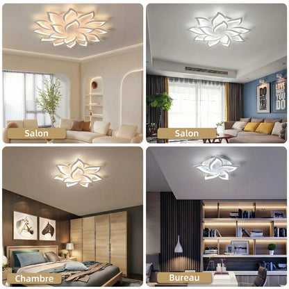 Lustre plafonnier LED fleur lotus – noir ou blanc, dimmable