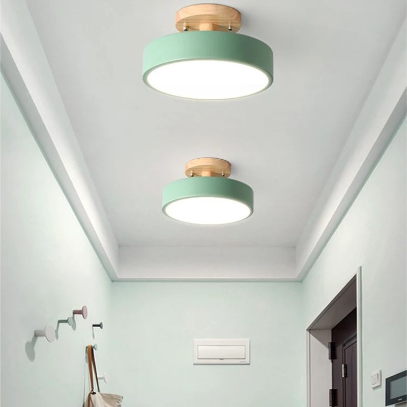 Plafonnier LED nordique rond bois et couleur