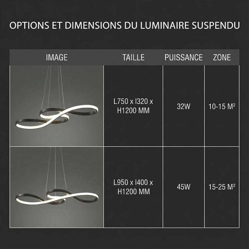 Lustre LED ruban infini – noir, blanc ou doré