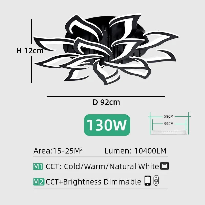 Lustre plafonnier LED fleur lotus – noir ou blanc, dimmable