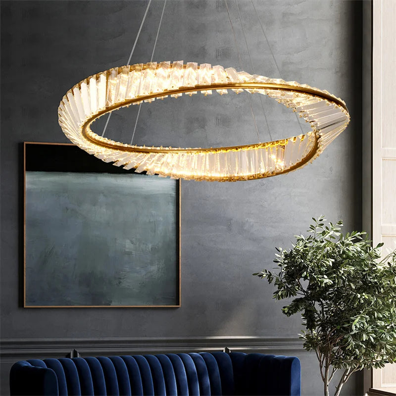 Lustre LED anneau cristal doré