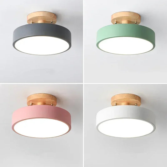 Plafonnier LED nordique rond bois et couleur