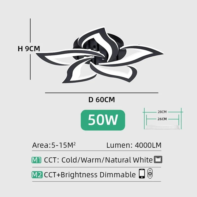 Lustre plafonnier LED fleur lotus – noir ou blanc, dimmable