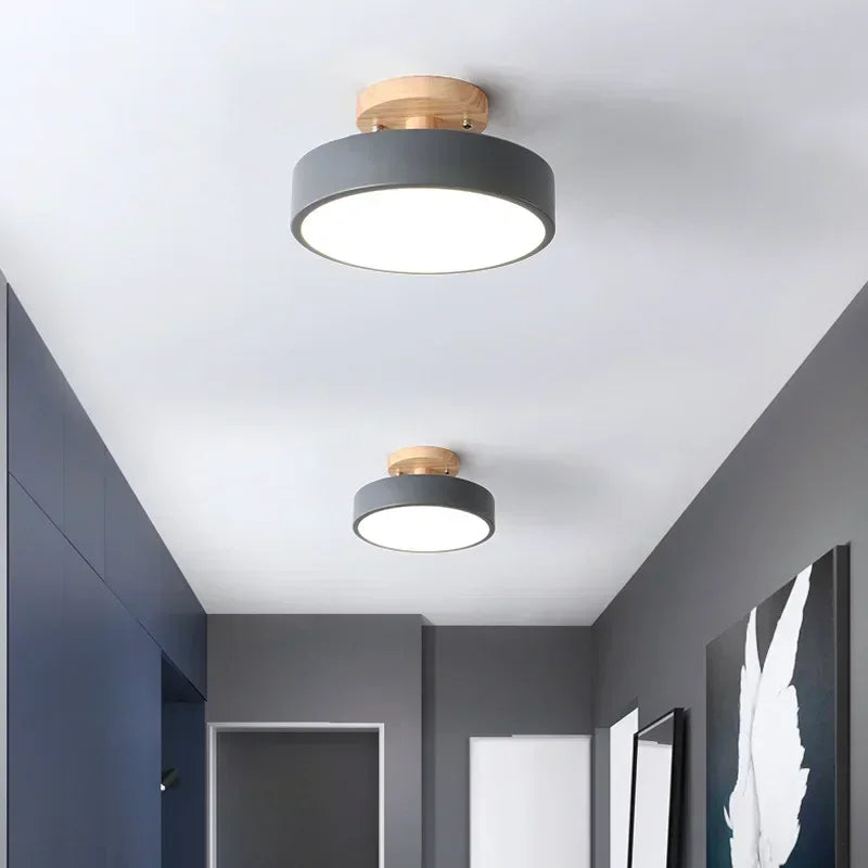 Plafonnier LED nordique rond bois et couleur