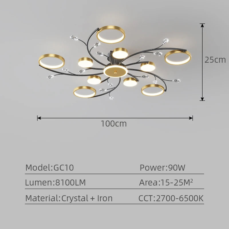 Lustre plafonnier moderne noir et doré – 6, 8 ou 10 lumières