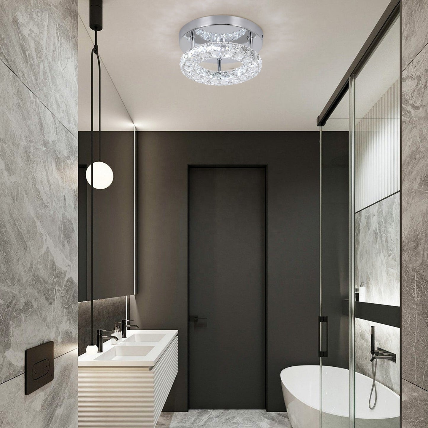 Plafonnier LED en cristal – anneau chrome 20/30 cm