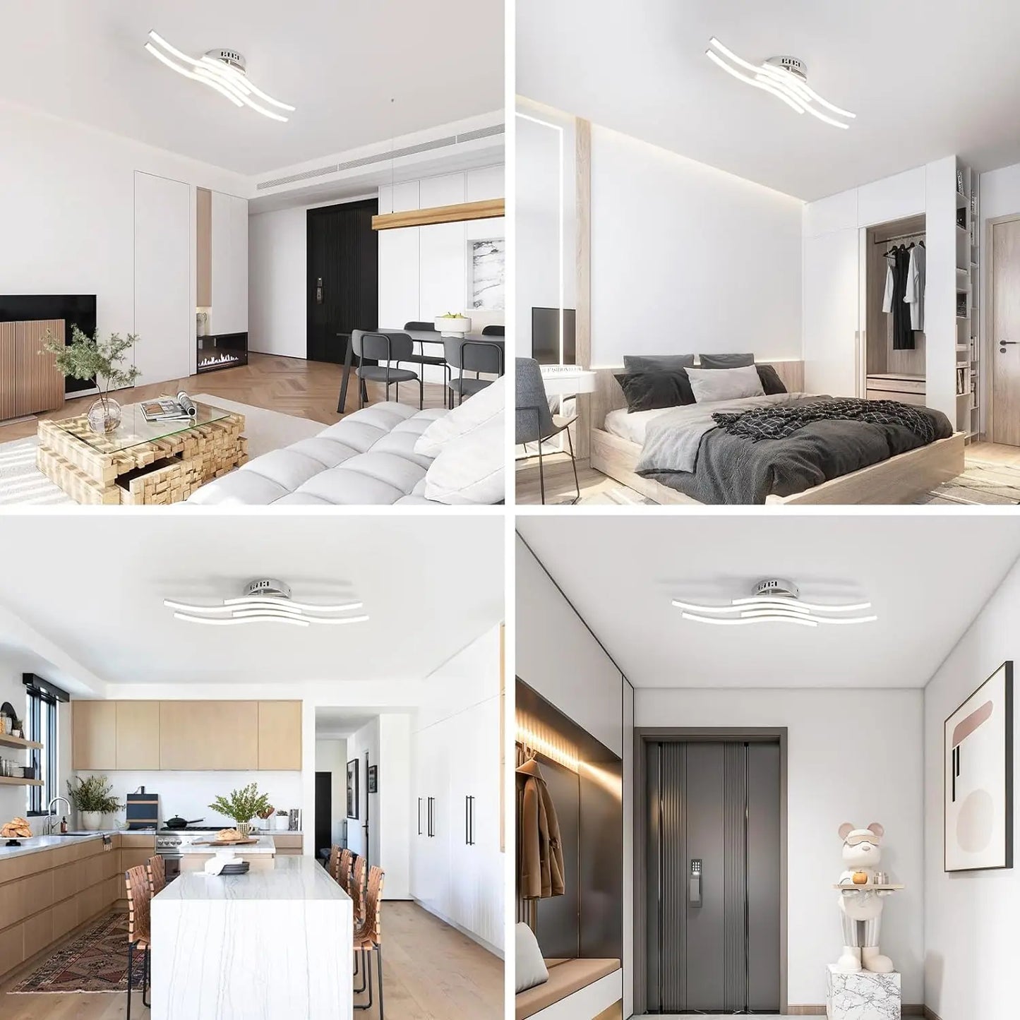 Plafonnier LED vague 4 bras – aluminium argent